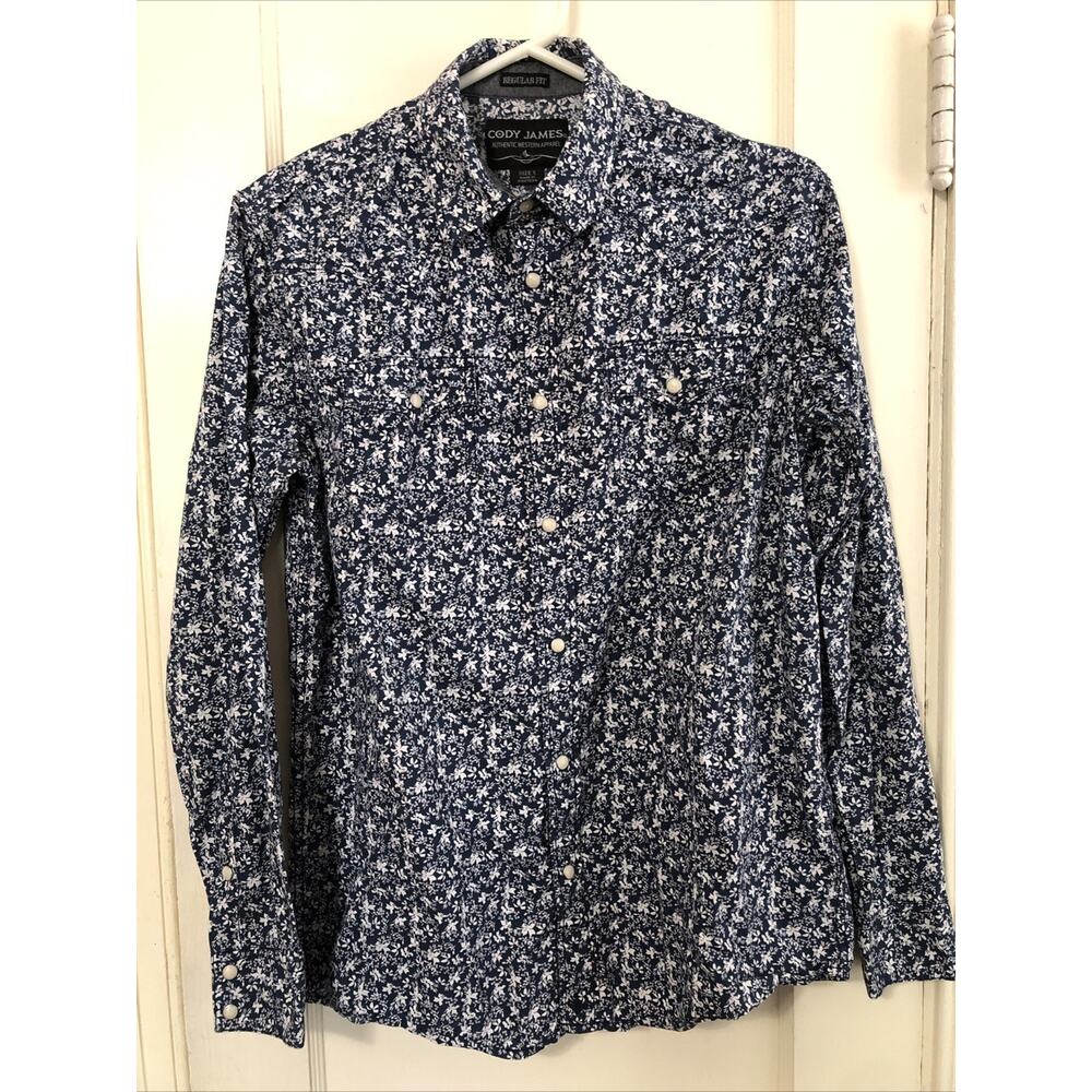 NWOT Cody James Pearl Snap Blue White Floral Western Regular Fit Small Cotton